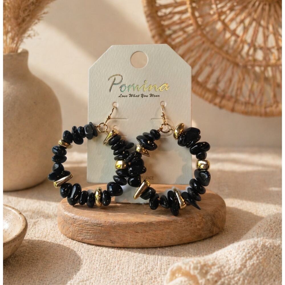 Pomina Black Gold Stone Round Earrings New